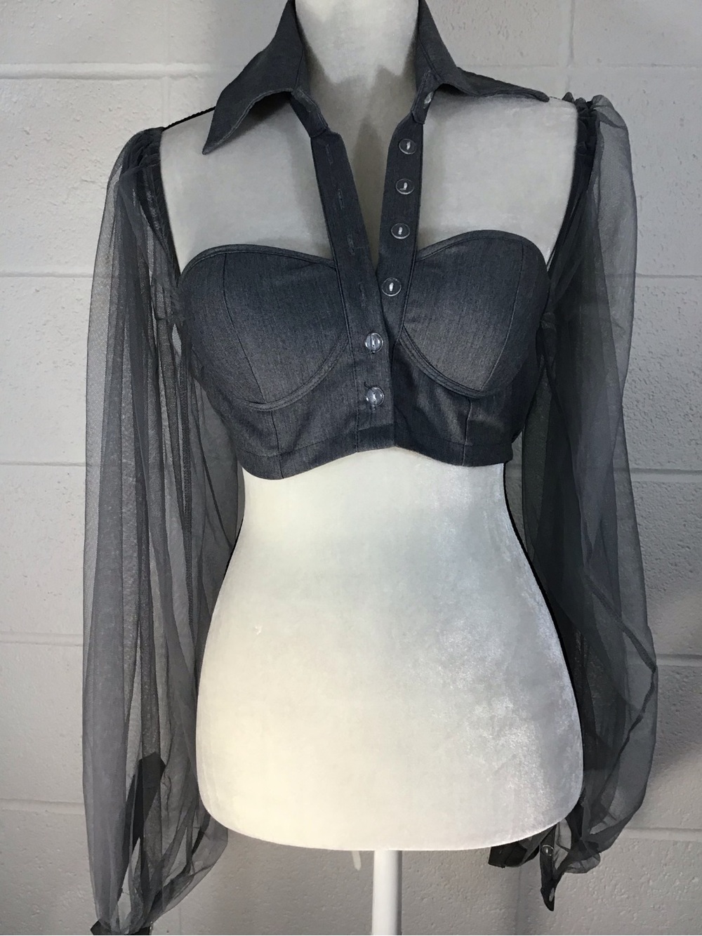 Fashion Nova Dark Gray Bustier Corset Sheer Sleeves Button Collar Sexy Crop Top